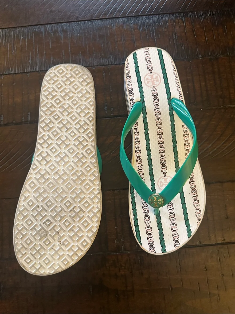 Tory Burch Green Logo Strap Patterned Footbed Sandals